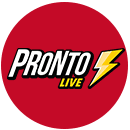 pronto live logotyp röd cirkel med en gul blixt och vit text