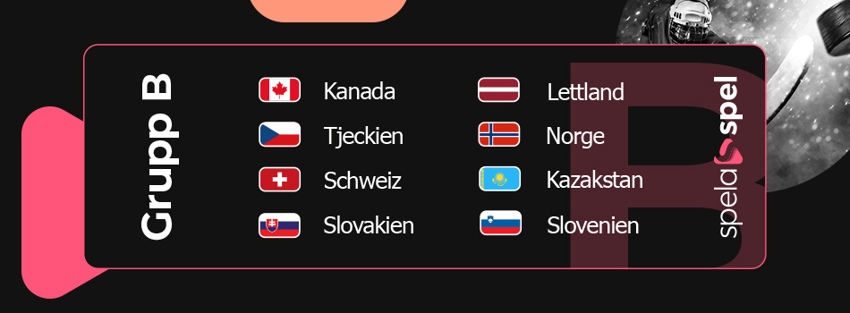 ishockey vm 2023 grupp b: 
Kanada
Tjeckien
Schweiz
Slovakien
Lettland
Norge
Kazakstan
Slovenien