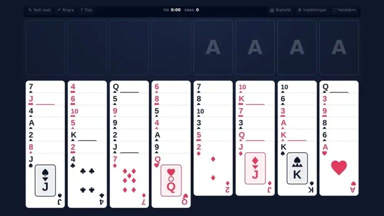 Kungen patiens – spelbord med åtta kolumner, fyra frikort och fyra svithögar