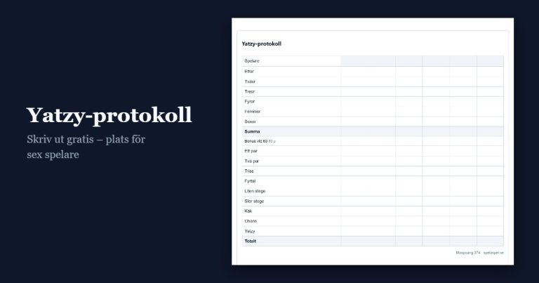 Utskrivbart yatzy-protokoll med plats för sex spelare